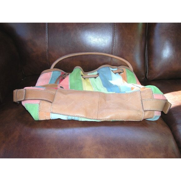 Multicolor Leather Fossel Tote Bag With Dual Handles & Buckle Accents - Picture 5 of 6
